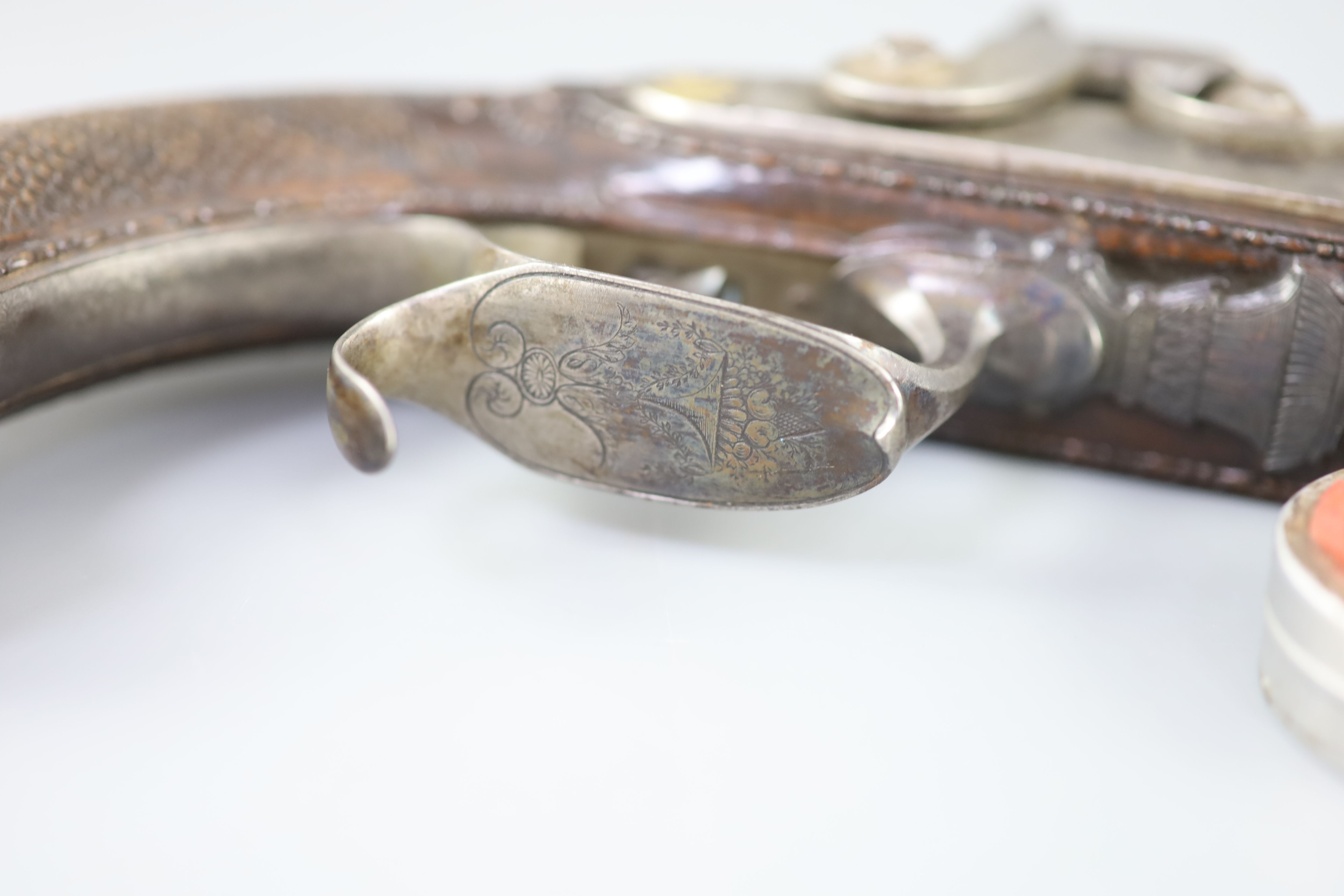 A late 18th/ early 19th century French gold inlaid pistol by Henraux 14.5in.